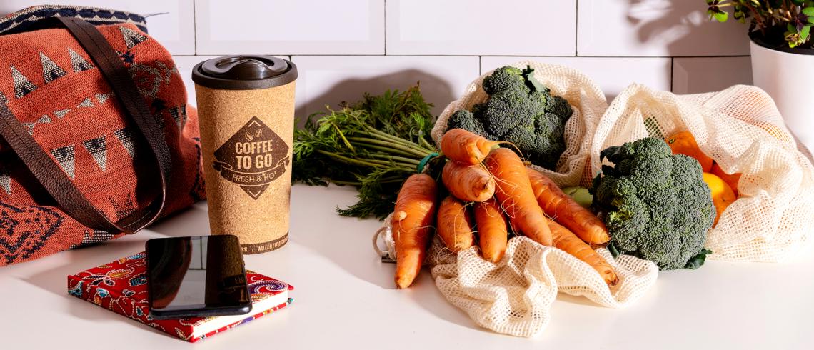 Coffee and vegetables on kitchen counter