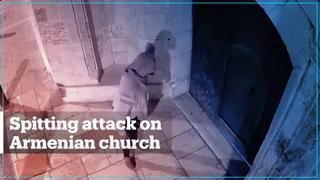 Orthodox Jewish man spits at an Armenian church in occupied East Jerusalem