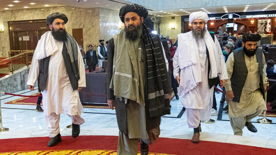 Mullah Abdul Ghani Baradar, the Taliban's deputy leader and negotiator, and other delegation members attend the Afghan peace conference in Moscow, Russia on March 18, 2021