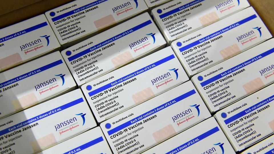 Boxes of Janssen vaccines sit at a warehouse of Hungaropharma, a Hungarian pharmaceutical wholesale company, in Budapest, Hungary on April 13, 2021.