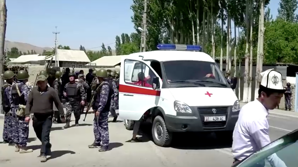 Servicemen are pictured near an ambulance near Batken, Kyrgyzstan in this Reuters video screengrab.