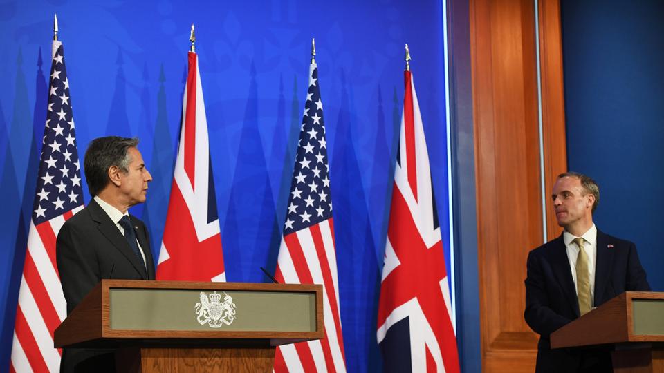 US Secretary of State Antony Blinken and Britain's Foreign Secretary Dominic Raab hold a joint news conference following their bilateral meeting in London on May 3, 2021.