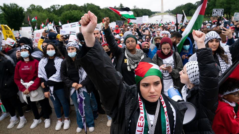 Supporters of the Palestinians rally during the National March for Palestine demonstration at Lincoln Memorial, in Washington, Saturday, May 29. 2021.