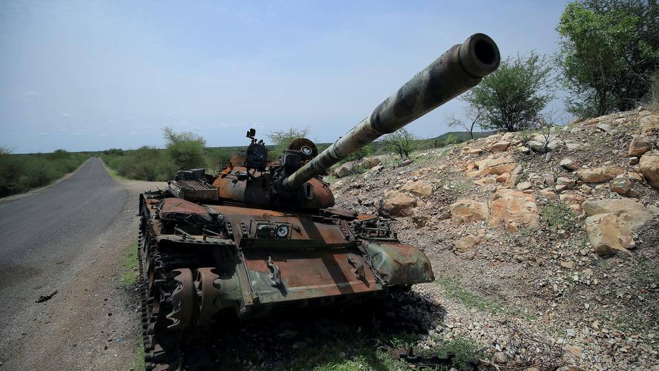 A tank damaged during the fighting between Ethiopia's National Defense Force (ENDF) and Tigray Special Forces stands on the outskirts of Humera town in Ethiopia July 1, 2021.