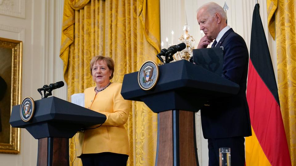 US President Joe Biden and German Chancellor Angela Merkel in the East Room of the White House in Washington, July 15, 2021.