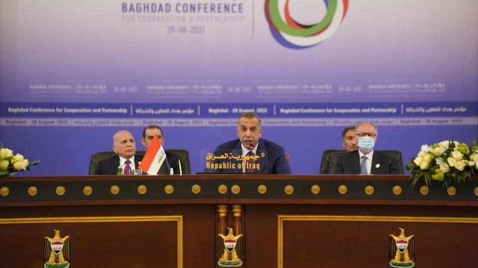 Iraqi Prime Minister Mustafa Al-Kadhimi speaks during the Baghdad summit in Baghdad, Iraq, on August 28, 2021.