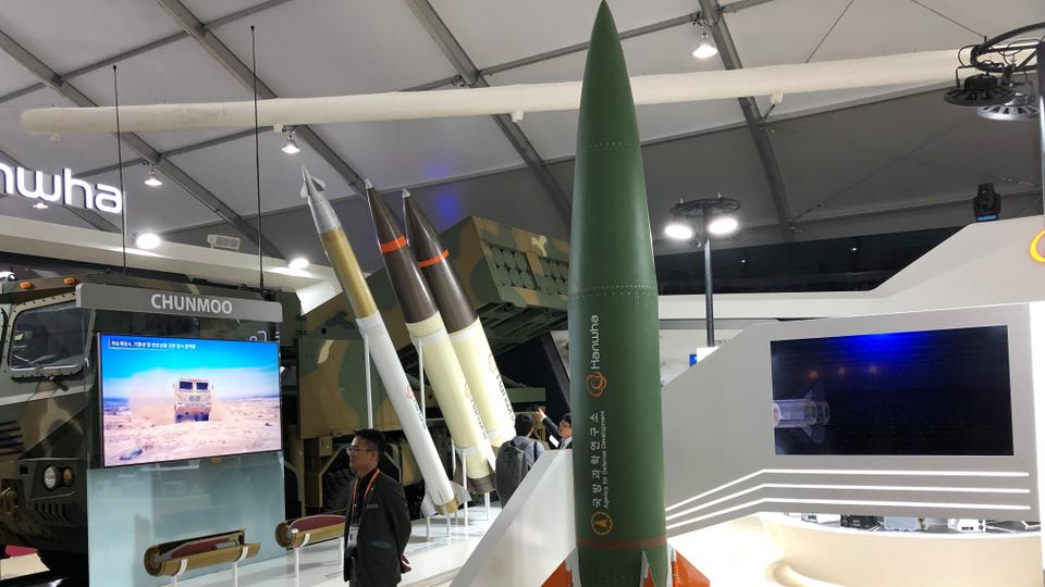 A tactical surface-to-surface missile developed by South Korea's Hanwha is displayed at the Seoul International Aerospace & Defense Exhibition in South Korea, on October 15, 2019.