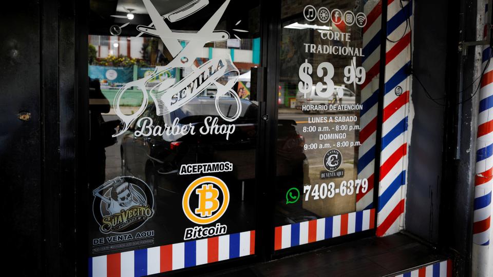 A Bitcoin logo is seen outside at Sevilla Barber Shop where Bitcoin is accepted as a payment method in Santa Tecla, El Salvador September 6, 2021.