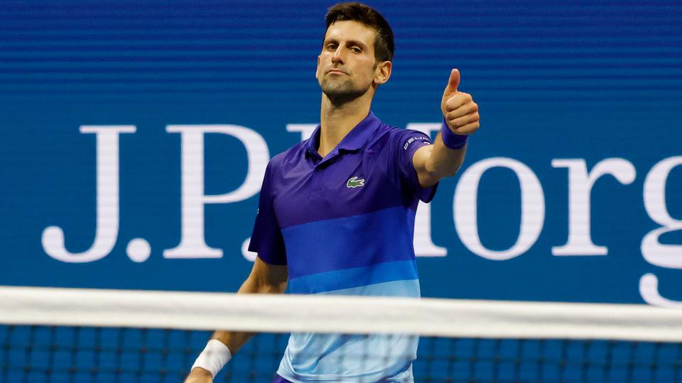 Novak Djokovic of Serbia gestures after a point against Jenson Brooksby of the US (not pictured) on day eight of the 2021 US Open tennis tournament at USTA Billie Jean King National Tennis Center.