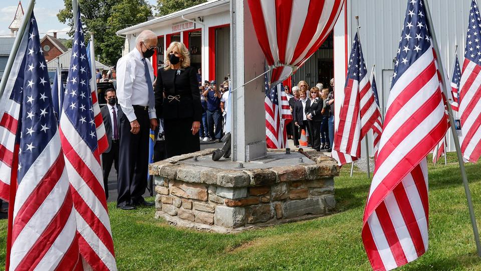 President Joe Biden speaks to reporters before paying his respects at a 9/11 memorial outside Shanksville volunteer fire station, in Pennsylvania, US, on September 11, 2021.