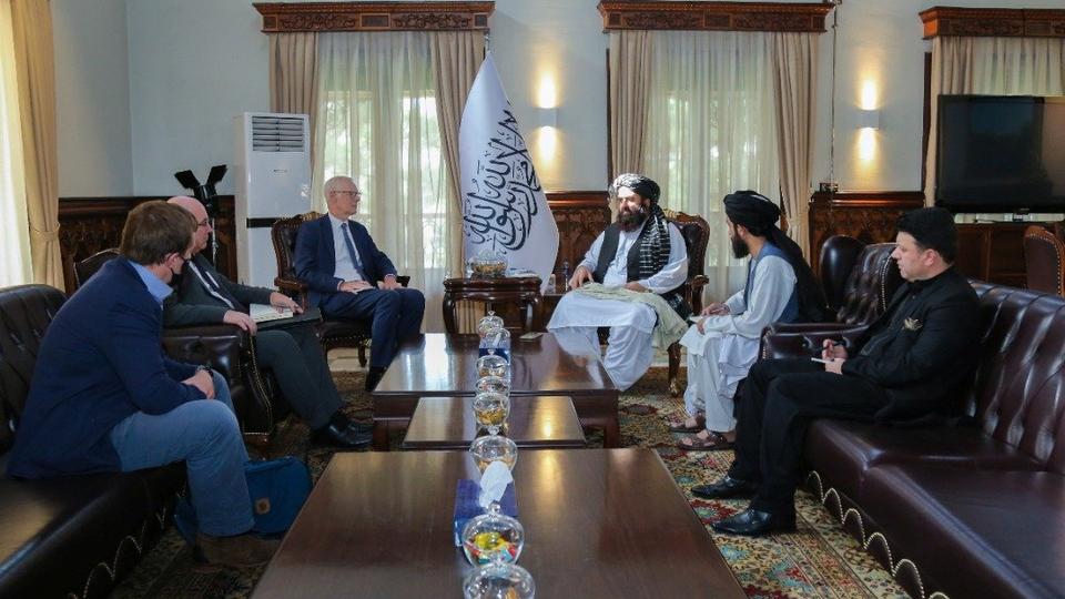 Simon Gass, Britain's PM Boris Johnson's high representative for Afghanistan, meets with Taliban Acting FM Amir Khan Muttaqi, in this picture uploaded on social media on October 5, 2021.