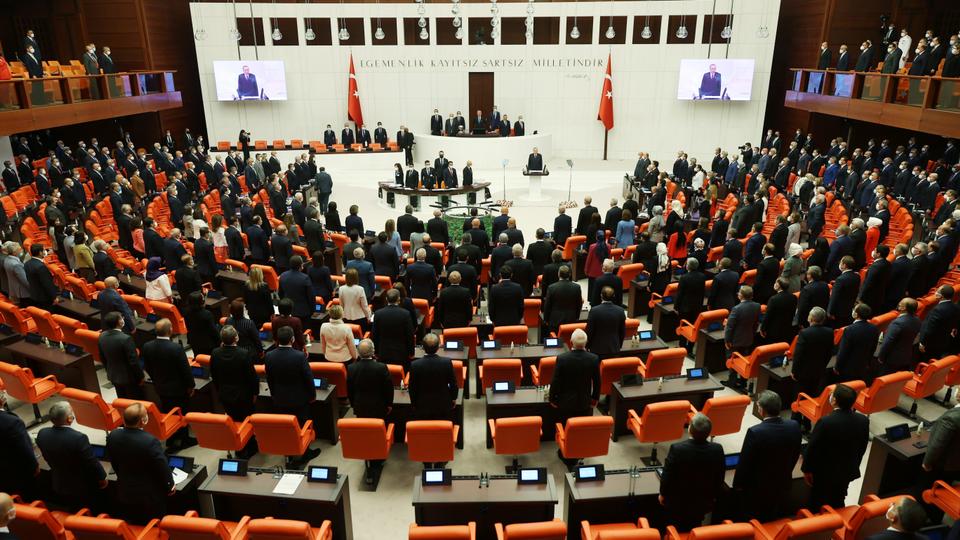 Turkey's President Recep Tayyip Erdogan addresses members of parliament as he attends the reopening of the Turkish parliament after the summer recess in Ankara, Turkey, on October 1, 2021.