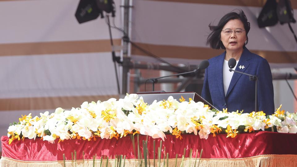 Taiwan's President Tsai Ing-wen speaks during the national day celebration in Taipei, Taiwan, October 10,2021.