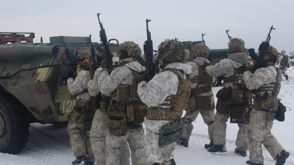 Ukrainian service members of the Air Assault Forces attend military drills in Lviv region, Ukraine, in this picture released on February 1, 2022.