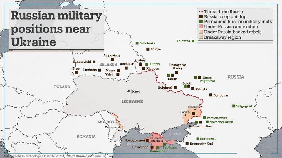 Russia's troops remain massed along Ukraine's borders as President Putin recognises breakaway Ukrainian regions in the east as