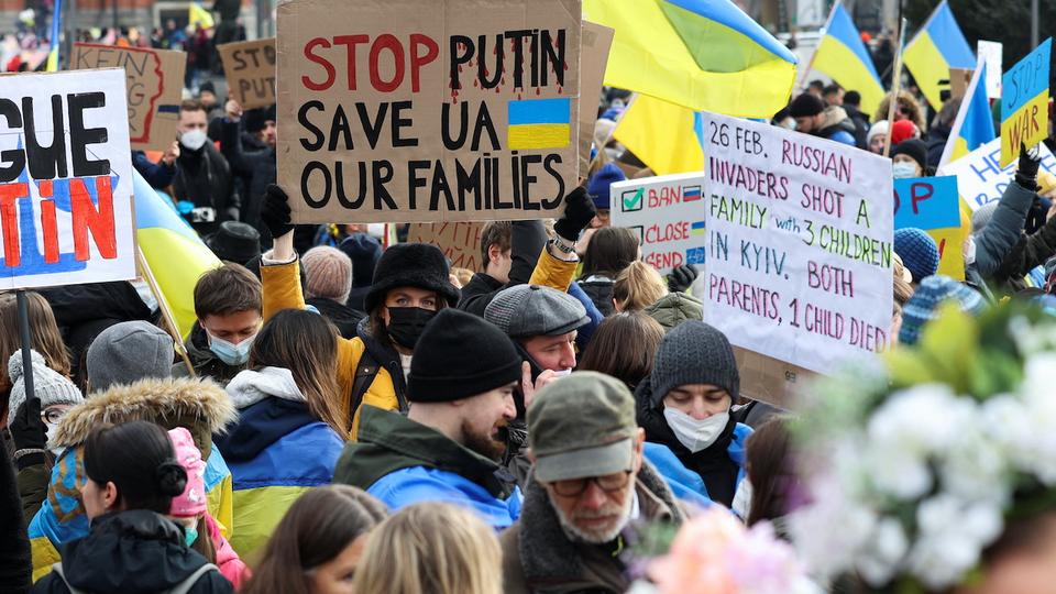 The protest comes as Russia's attack on Ukraine entered its fourth day.