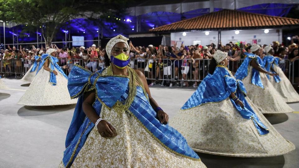 Revellers of Paraiso do Tuiuti Samba School parade at Cidade do Samba despite Carnival celebrations being postponed to April due to Covid, in Rio de Janeiro, Brazil February 27, 2022.