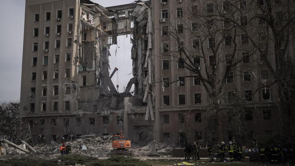 The regional government headquarters of Mykolaiv, Ukraine, following a Russian attack, on Tuesday, March 29, 2022.