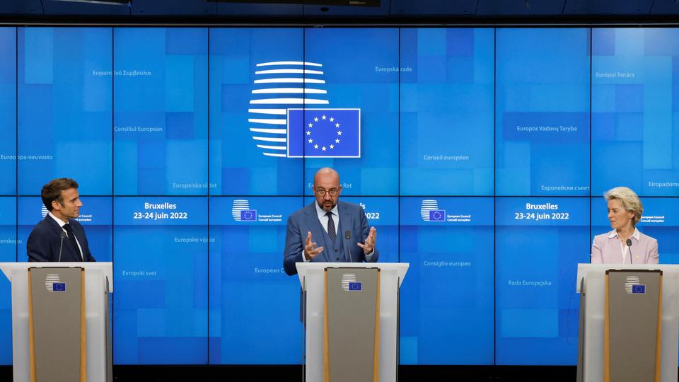 European Council President Charles Michel speaks during a joint news conference with European Commission President Ursula von der Leyen and French President Emmanuel Macron in Brussels, Belgium, May 23, 2022.