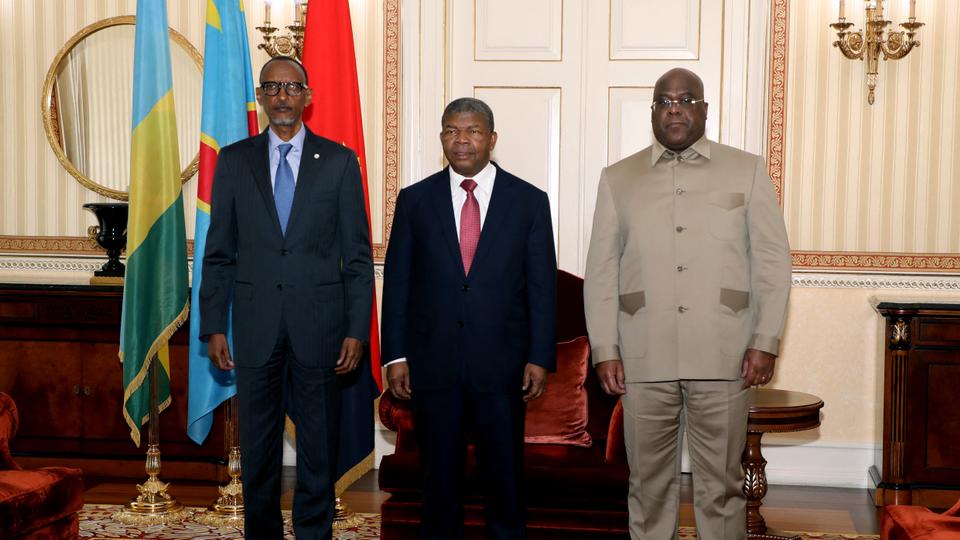 Rwanda President Paul Kagame (L), Angola President Joao Lourenco (C) and DRC President Felix Tshisekedi (R) met for talks after an upsurge in violence in eastern DRC.