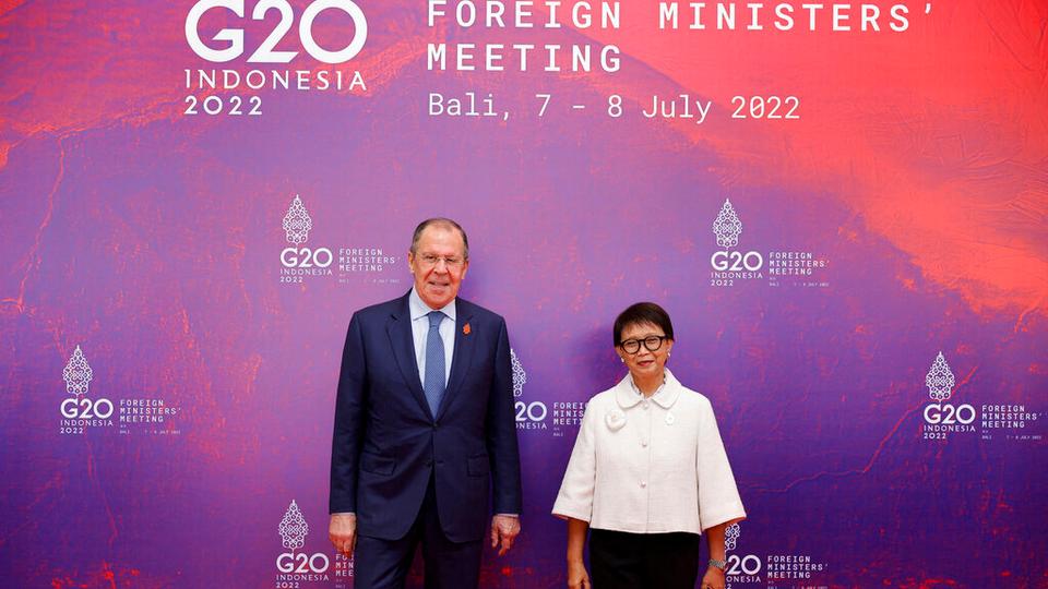 Russian FM Sergey Lavrov meets with Indonesia's FM Retno Marsudi at the G20 FMs meeting in Bali, Indonesia.