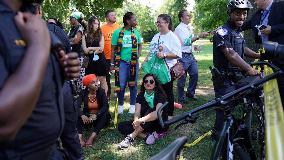 Representatives Ilhan Omar (D-MN) and Rashida Tlaib (D-MI) are detained for their part in an abortion rights protest outside of the US Supreme Court in Washington, DC, US, July 19, 2022.