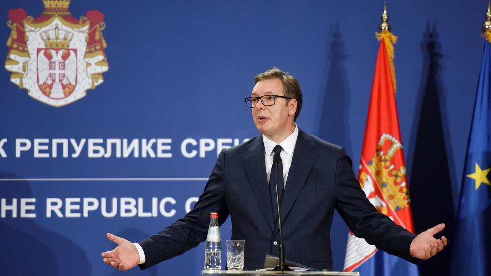 Serbian President Aleksandar Vucic speaks during a news conference in Belgrade, Serbia, June 10, 2022.