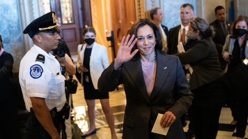 Vice President Kamala Harris waves as she departs the Senate after passage of the Inflation Reduction Act at the U.S. Capitol August 7, 2022 in Washington, DC.