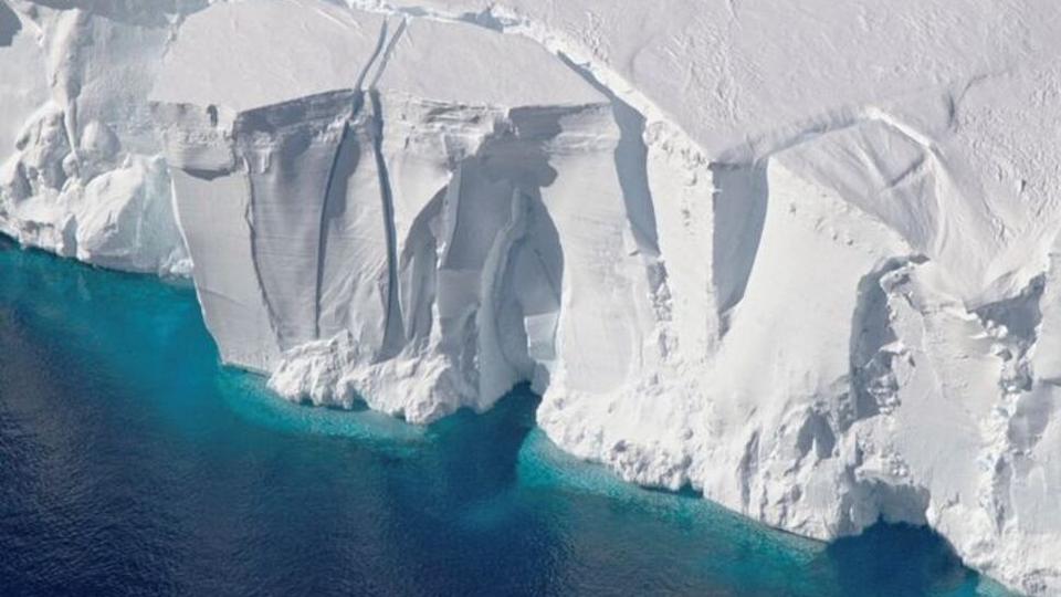 An aerial view of the 60-metre-tall front of the Getz Ice Shelf with cracks, in Antarctica, in this undated handout image.