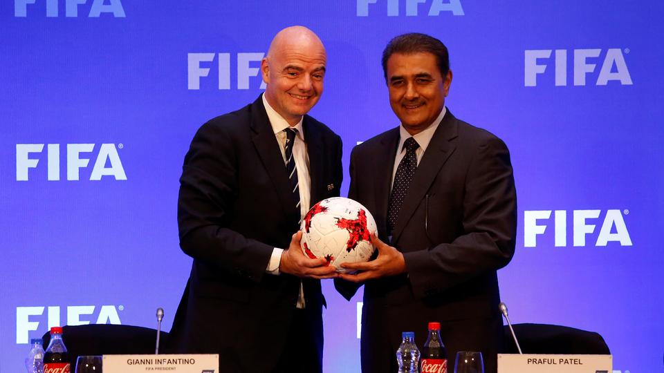 FIFA President Gianni Infantino and All India Football Federation (AIFF) President Praful Patel pose at a news conference after a FIFA Council meeting in Kolkata, India, October 27, 2017.