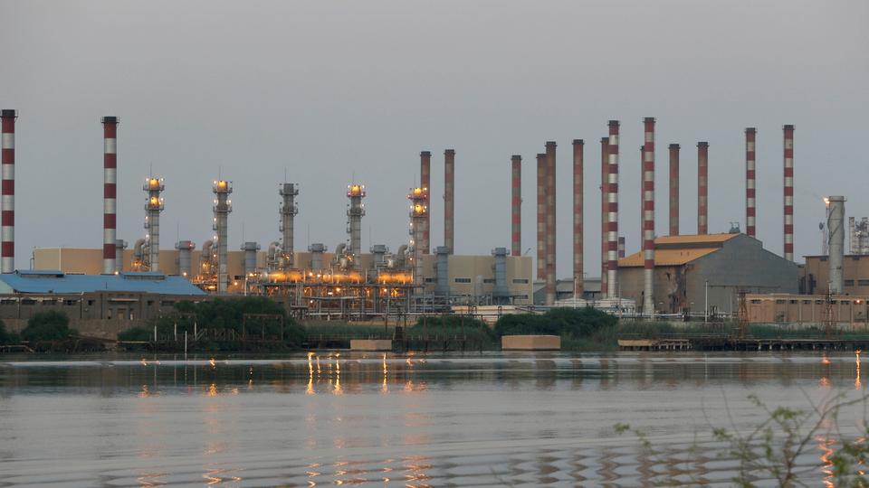 Abadan oil refinery in southwest Iran pictured from Iraqi side of Shatt al Arab south of Basra on September 21, 2019.