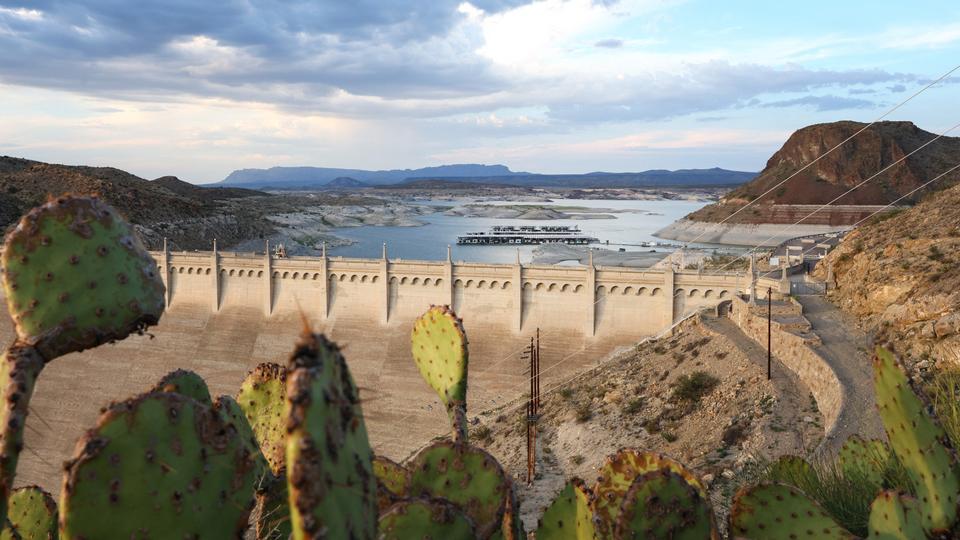 A 'bathtub ring' of mineral deposits left by higher water levels is visible beyond Elephant Butte Dam at the drought-stricken Elephant Butte Reservoir near Truth or Consequences city in New Mexico.