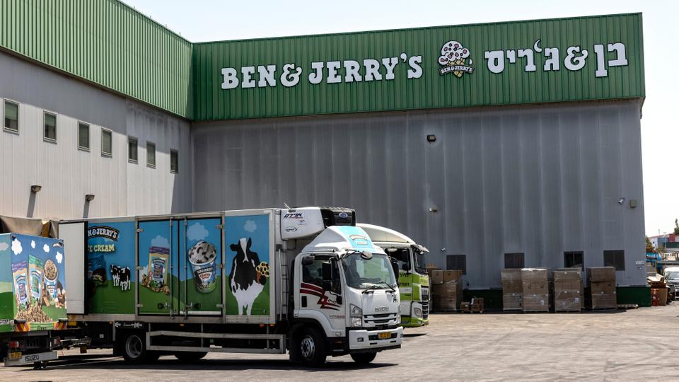 In this file July 20, 2021, photo, trucks are parked at the Ben & Jerry's ice-cream factory in the Be'er Tuvia Industrial area in Israel.