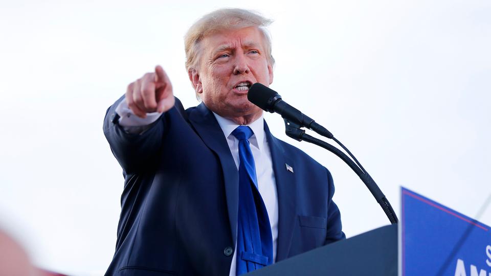 Former president Donald Trump speaks at a rally at the Delaware County Fairgrounds on April 23, 2022, to endorse Republican candidates ahead of the Ohio primary on May 3.