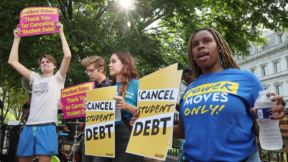 Student loan borrowers in Washington, DC stage a rally in front of The White House to celebrate President Biden cancelling student debt.