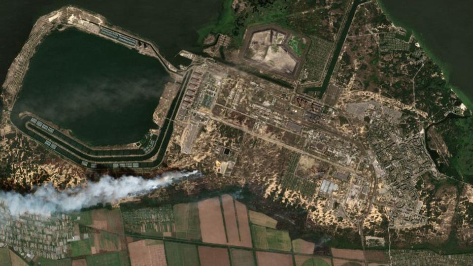 Overview of Zaporizhzhia nuclear power plant and fires, in Enerhodar in Zaporizhzhia region, Ukraine,