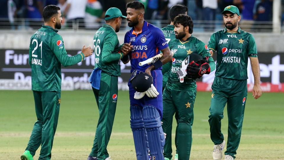 India's Hardik Pandya shakes hands with Pakistan players after the Asian Cup  India v Pakistan match at Dubai International Stadium in the United Arab Emirates on August 28, 2022.