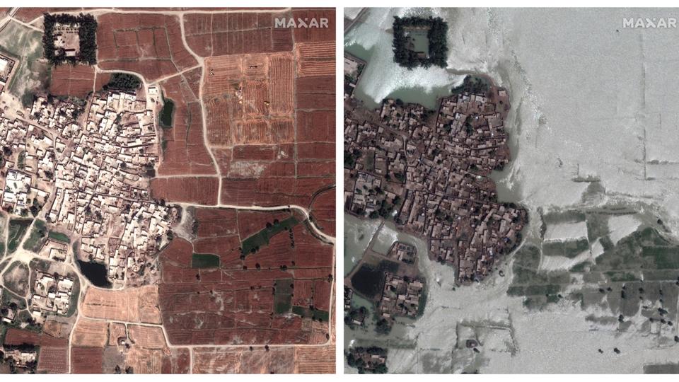 An overview by Maxar shows a Pakistani village and fields before (left) and after flooding in Rajanpur, Pakistan.