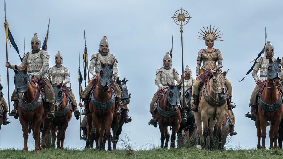 In this image taken from IMBD, Cynthia Addai-Robinson and Maxim Baldry are seen in The Lord of the Rings: The Rings of Power, which is set for release on September 2, 2022.