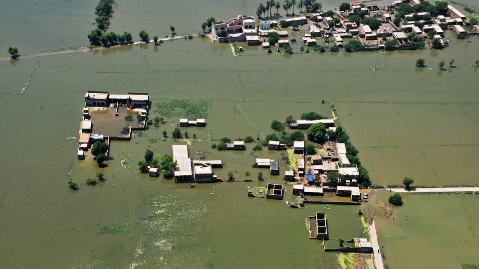 This aerial photograph taken on August 31, 2022 shows a flooded residential area after heavy monsoon rains in Shikarpur, Sindh province.