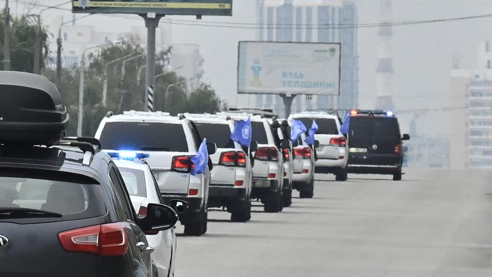 United Nations vehicles carrying members of the IAEA inspection mission leave the city of Zaporizhzhia en route to a Russian-held nuclear power plant in southern Ukraine.