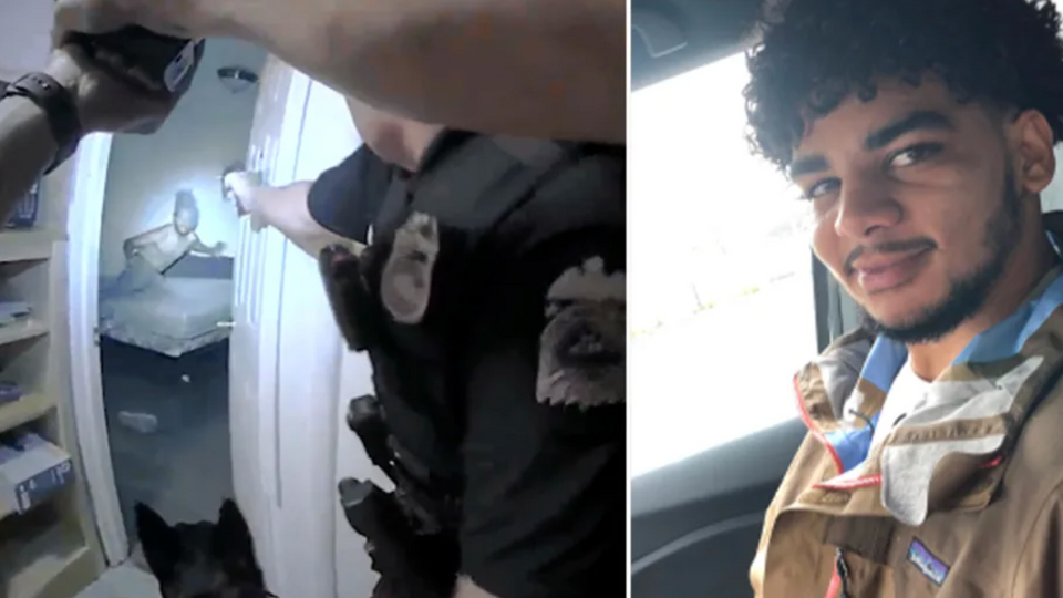 Body camera video shows a police officer accompanied by a dog opening the door of a room and then almost immediately shooting at the young man.