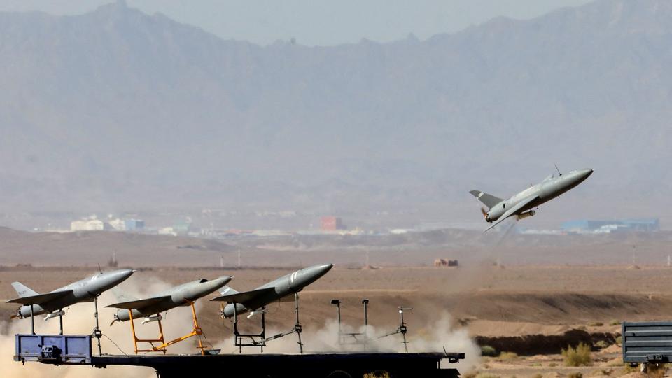 A drone is launched during a military exercise in an undisclosed location in Iran.