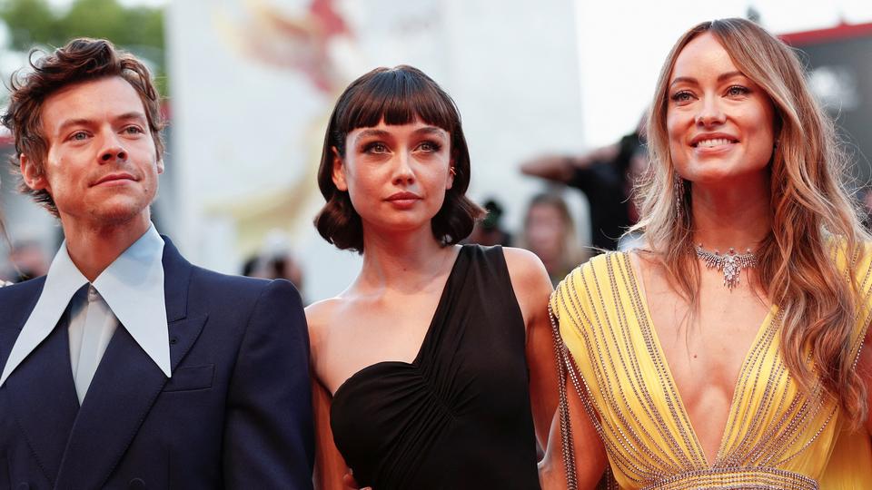 Harry Styles, Sydney Chandler and Olivia Wilde attend the 79th Venice Film Festival's premiere screening of their film 