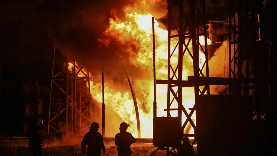 Firefighters work at 5th thermal power plant damaged by a Russian missile strike, amid Russia's attack on Ukraine, in Kharkiv, Ukraine September 11, 2022.