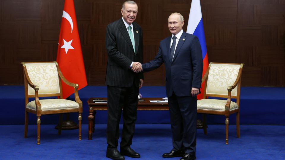 Russia's President Vladimir Putin and Türkiye's President Tayyip Erdogan meet on the sidelines of the 6th summit of the Conference on Interaction and Confidence-building Measures in Asia (CICA), in Astana, Kazakhstan, October 13, 2022.