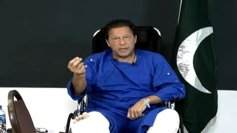 Sitting in a wheelchair -his right leg in a cast and left leg heavily bandaged - Khan spoke for over an hour in his first speech after the attack.