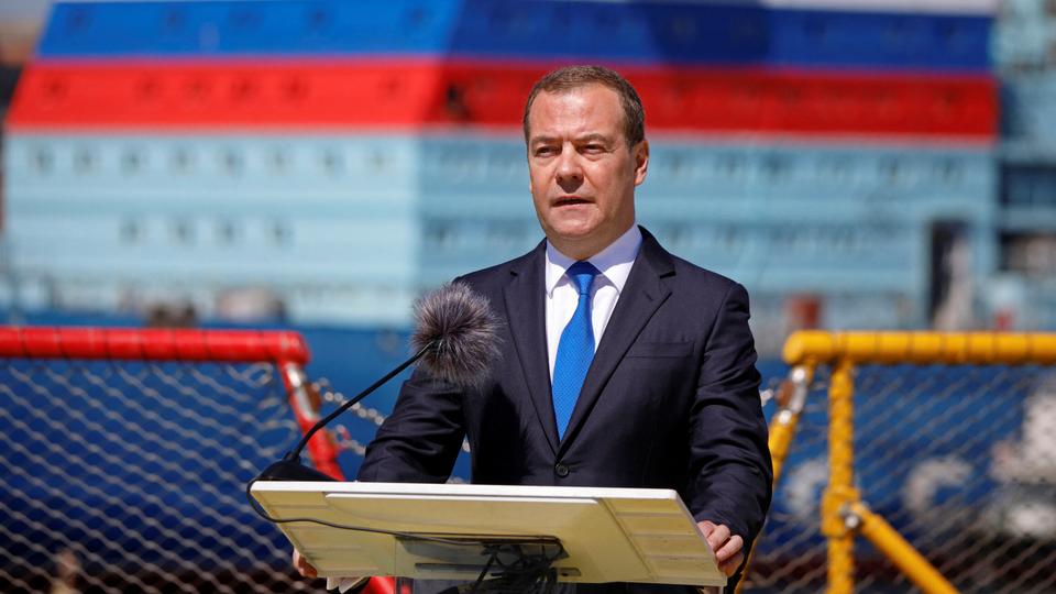 In this file photo, Dmitry Medvedev, deputy chairman of Russia's Security Council, is seen delivering a speech in Saint Petersburg, Russia.