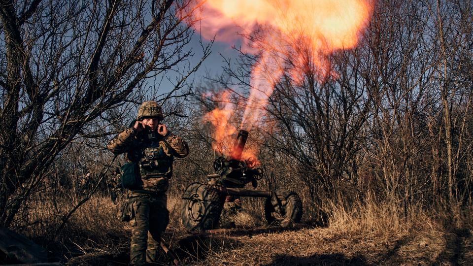 Ukrainian soldiers fire French MO-120-RT-61 120 mm rifled towed mortar at Russian positions in the front line near Bakhmut, Donetsk region.