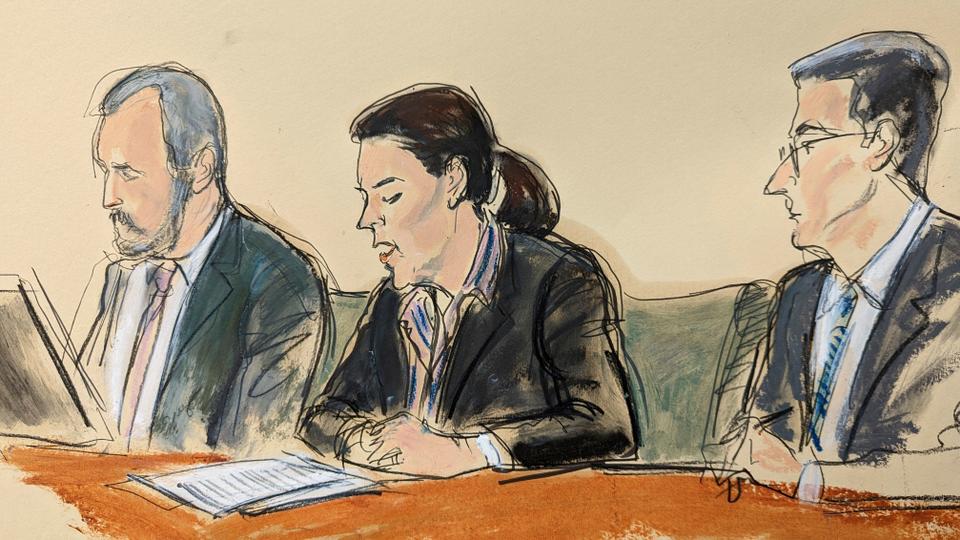 In this courtroom sketch, Magali Anderson (centre), Chief Sustainability and Innovation Officer of Holcim (which LaFarge became a part of in 2015) reads a statement of guilt in open court flanked by her attorneys, David Sarratt (left), and Douglas Zolkind in Brooklyn Federal Court on October 18, 2022, in New York.